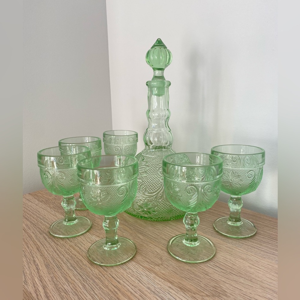 Indiana Glass Green Depression-Style Decanter with 6 Goblets
